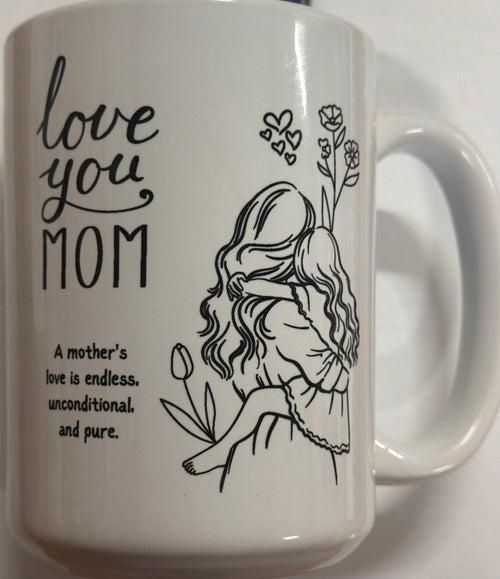 White mug with black illustrations and text 'love you MOM' on a white background